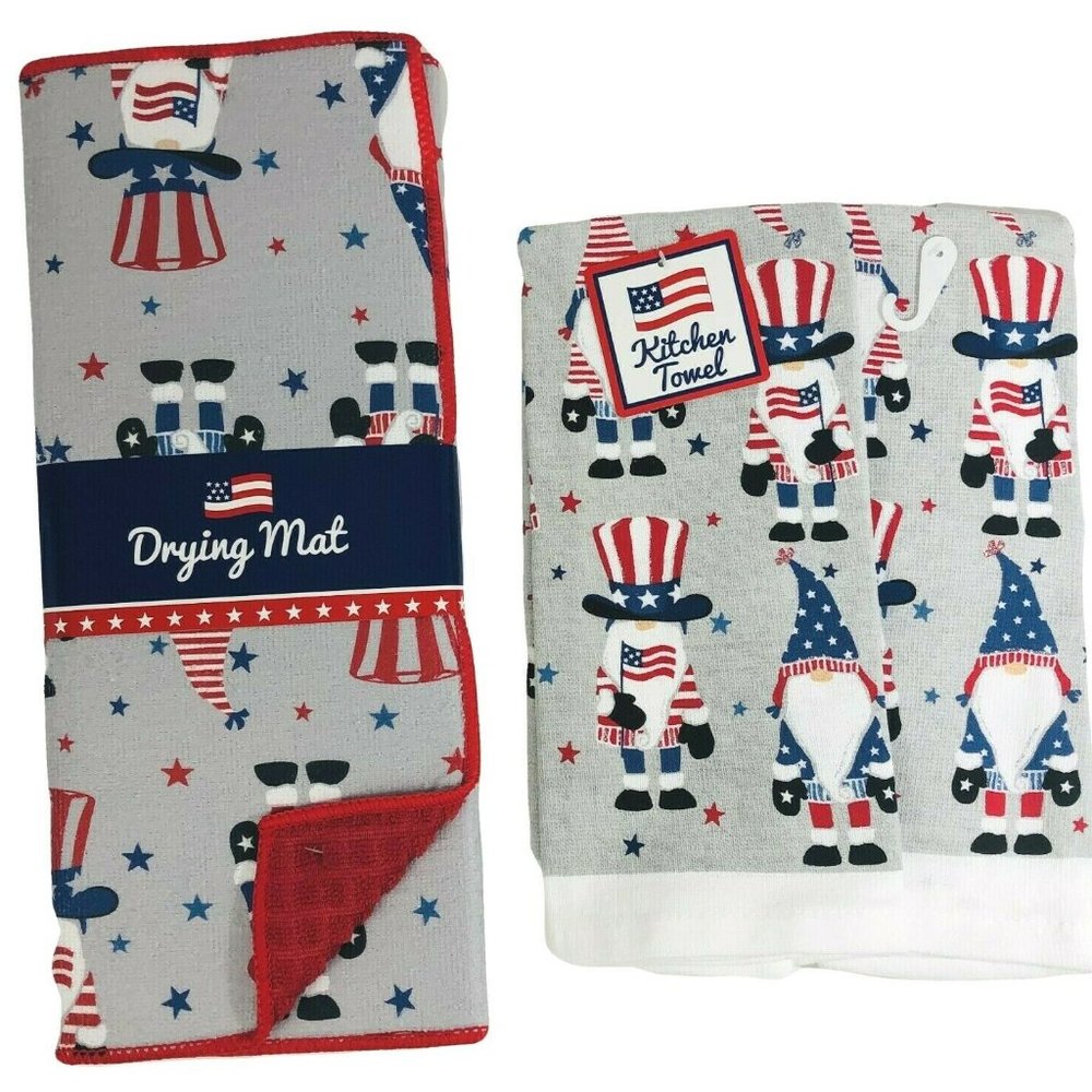 Patriotic Gnomes Dish Drying Mat + Towels 3 Pc Set